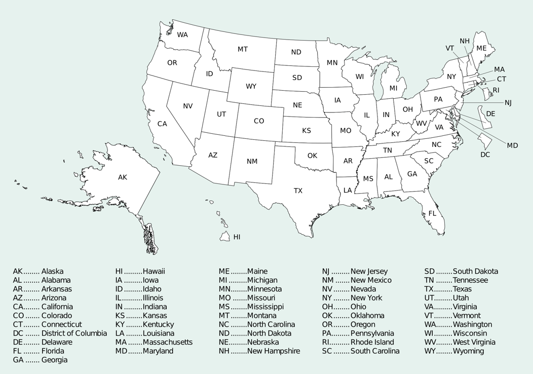 Example U.S. map with states labeled by postal abbreviation