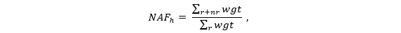 The nonresponse adjustment factor for cell h is equal to the sum of weights for the respondents and nonrespondents in the cell divided by the sum of the weights for the respondents in the cell.